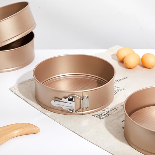 4 Pcs 8 Inch Non Stick Springform Pan with Removable Bottom Carbon Steel Round Springform Cheesecake Pan with Stainless Steel Spring Buckles for Baking Kitchens Restaurant (Champagne Gold / 8 Inch)