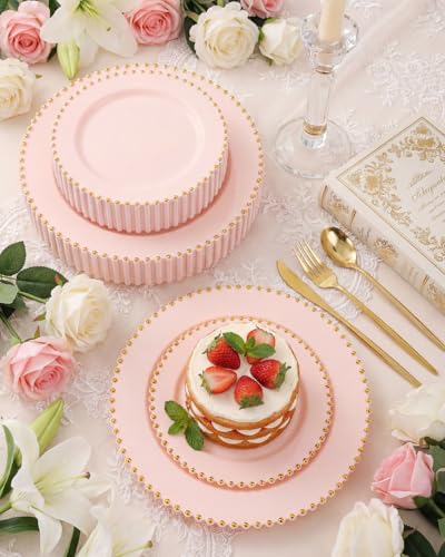 180Pcs Elegant Pink Gold Dinnerware Set for Party Wedding (Pink and Gold Plastic Dinnerware Set / 180PCS)