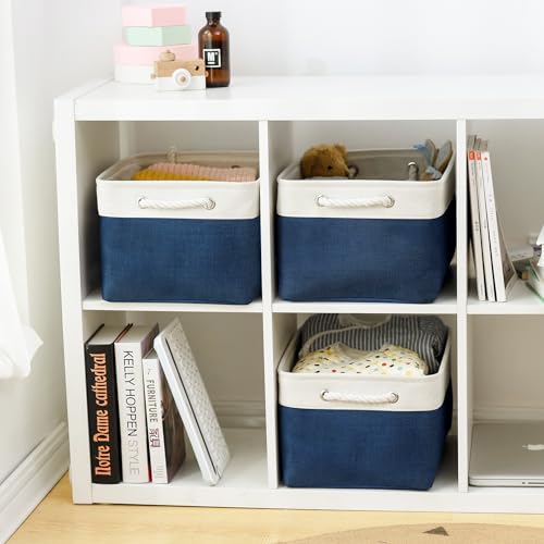 Collapsible Storage Bin for Shelves (White & Blue / 3PCS/Large - 15.7Lx11.8Wx8.3H)