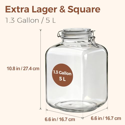 Square Glass Jars with Airtight Lid 1.3 Gallon 2 Pack Large Canister (1.3 gallon x 2)