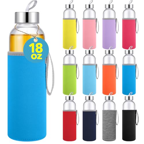 12 Pack Glass Water Bottles with Sleeves (Stylish / Colorful)