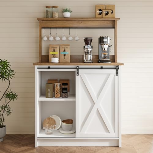 Farmhouse Coffee Bar Cabinet with Sliding Barn Door (31.5Inch / White)