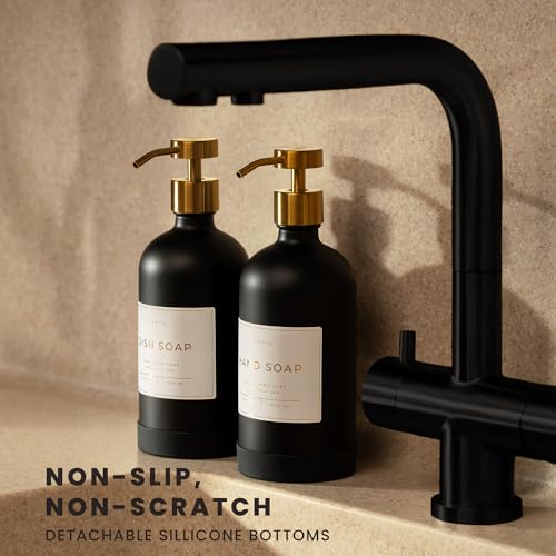 Hand and Dish Soap Dispenser for Kitchen and Bathroom (Matte Black Bottle / Brushed Gold Pump)