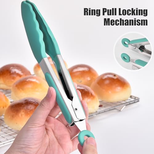 Kitchen Tongs with Silicone Tips for Cooking Serving (7in / Aqua Sky)