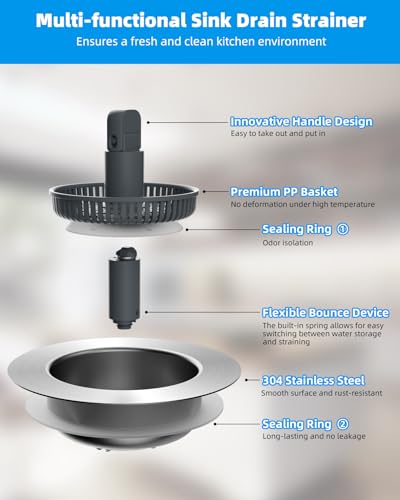 2 Pack 3 in 1 Kitchen Sink Drain Strainer and Stopper Combo (2P-SUS304 Drain Part with 3 Strainers)