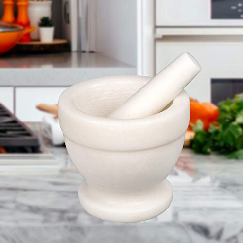 Natural Marble Mortar and Pestle Set Guacamole Molcajete Bowl Kitchen Spices Herbs Pesto Grinder (Off-White (color may vary) / 5.3" Diam. x 4.5" H)