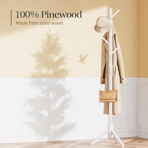 Solid Wooden Coat Rack Freestanding with 8 Hooks (White)