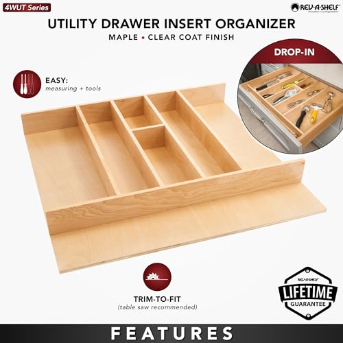 Trim-to-Custom-Fit Silverware Drawer Organizer For Kitchen Utensils, Cutlery Cabinet Storage Divider Insert, 23.98 x 21.97 In, Maple Wood, 4WUT-3 (24" W / Standard)