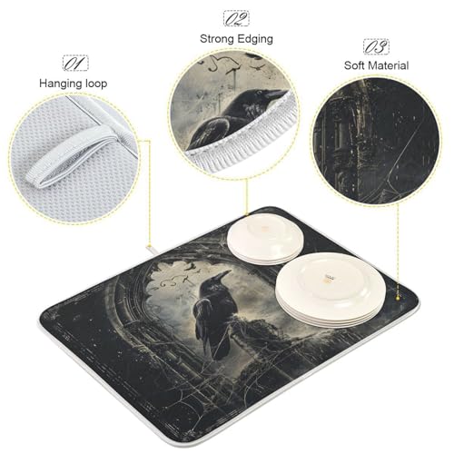 Halloween Crows Dish Drying Mat for Kitchen Counter Absorbent Microfiber Large Drying Pad Dish mats for Kitchen Countertops 18 x 24 Inch (Halloween Crows / 24" x 18")