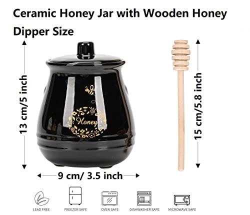 Ceramic Honey Jar With Wooden Honey Dipper (Honey Jar-Black)