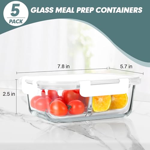 30 oz 5 Pack Glass Meal Prep Containers 2 Compartments (White / 2-Compartment 30 oz)