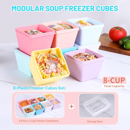 1 Cup Silicone Freezer Molds with Lids & Base for Soup (Pastel Rainbow / 8x 1-Cup)