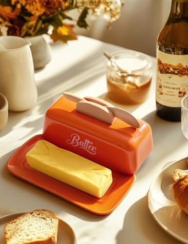 Butter Dish with Lid and Knife Butter Tray Holder for Counter Orange (Orange)