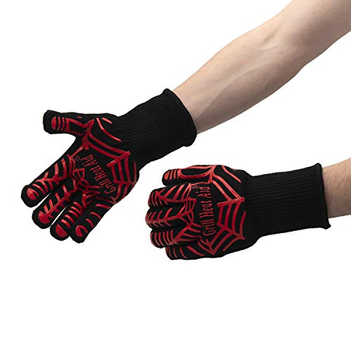 Grill Gloves Heat Proof for Men Grilling BBQ Heat Resistant Gloves (Black & Red / Mid Cuff - Medium Palm)