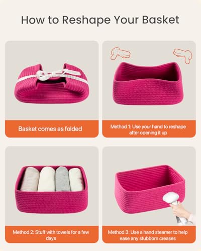Small Woven Storage Basket for Organizing (Hot Pink / 12"L x 8"W x 4.5"H)
