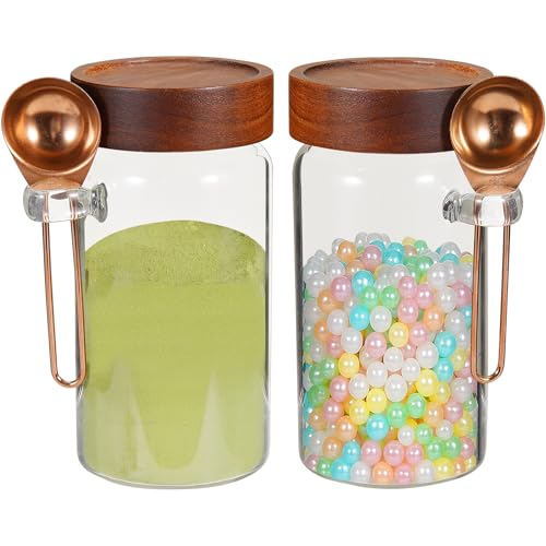18oz Glass Coffee Jars with Scoop Wood Screw Lid Clear Round Spice Jar Herb Container Sugar Storage Bottle Canister for Seasoning Meal Prep Tea Coffee Ground Bean Salts (2×550ml(18oz)with spoon)