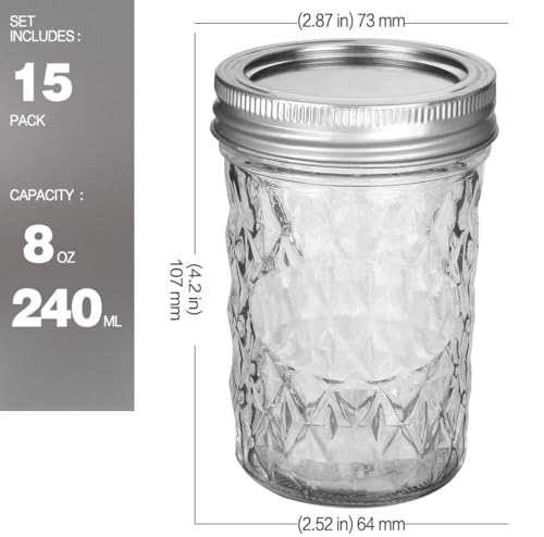 Mason Jars 15 PACK 8 OZ Canning Jars Jelly Jars With Regular Lids
