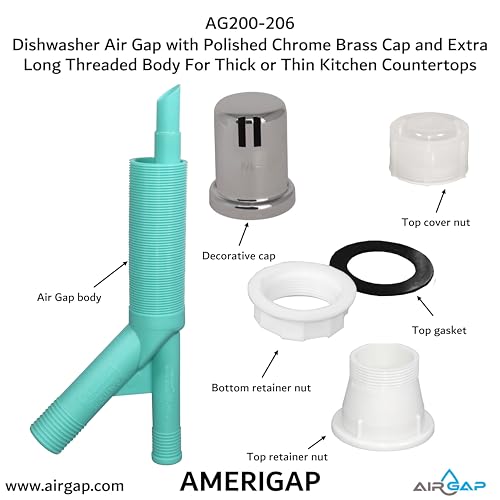 Dishwasher Air Gap with Skirted Polished Chrome Brass Cap and Extra Long Threaded Body for Thick or Thin Kitchen Countertops (AG200-206)