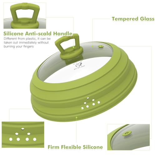 Microwave Splatter Cover Vented Glass Splatter Guard Lid with Collapsible Silicone for Food as Pot Cover 11.8 inch Large Plate for 6 7 8 9 10 11 inch Plate Bowl (Regular style 11.8 inch / Green)