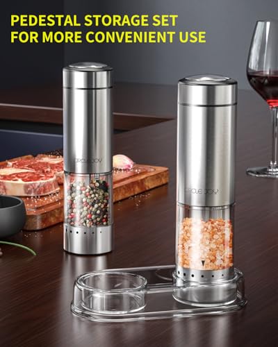 Battery Operated Electric Salt and Pepper Grinder Set with Base (Battery Operated Set with Base - Silver - Plus)