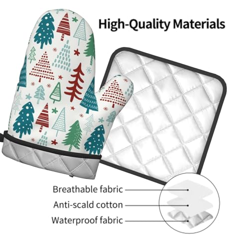 Pine Tree Oven Mitts and Pot Holder Set of 2 Winter Xmas Washable Kitchen Heat Resistant Gloves for Microwave BBQ Cooking Baking Grilling (Xmas Tree)