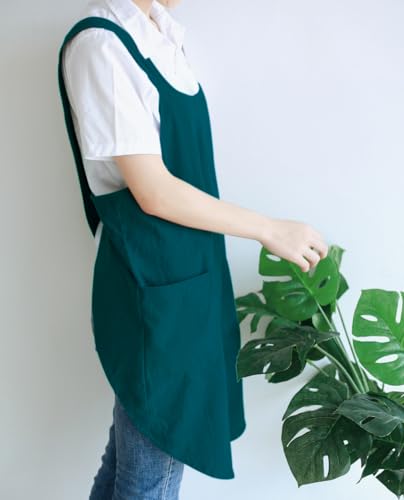 Japanese Cotton Cross Back Kitchen Cooking Aprons for Women with Pockets Cute for Baking Painting Gardening Cleaning Dark Green (07 - Women's Dark Green)