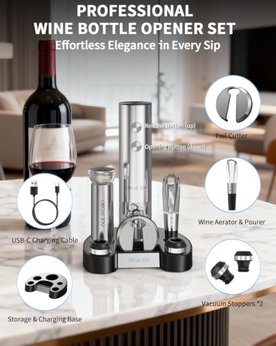 Electric Wine Bottle Opener Set Stainless Steel Rechargeable Wine Opener 8 (8-in-1 Silver / Rechargeable)