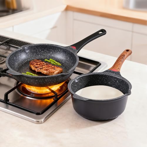 4QT Sauce Pan & 12.5IN Skillet Set with Lids (Black / 4 Quarts + Skillet)