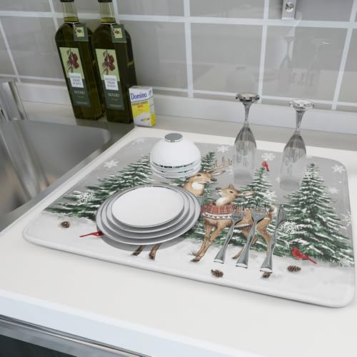 Winter Deer Dish Drying Mat Pine Tree Absorbent Dish Dry Pad Seasonal Microfiber Dish Drainer Mats for Kitchen Counter Coffee Bar 18x24 in (Deer Pine Tree / 18" x 18")