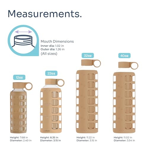40oz / 32oz / 22oz / 12oz Borosilicate Glass Water Bottle with Time & Volume Markers, Silicone Sleeve, Stainless Steel Lid | Reusable Glass Bottle for Water & Juice (32oz Iced Coffee) (Iced Coffee / 32 Ounces)