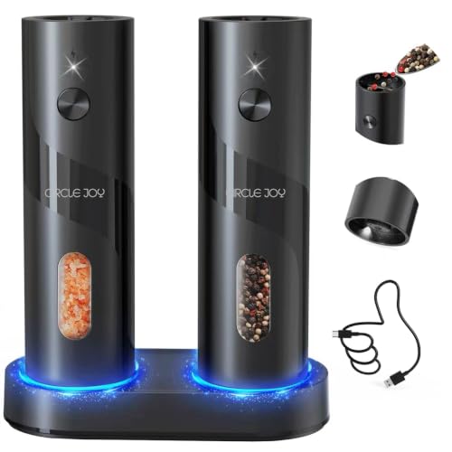 Rechargeable Electric Salt and Pepper Grinder Set Automatic Pepper Mill Grinders with Charging Base (Black)