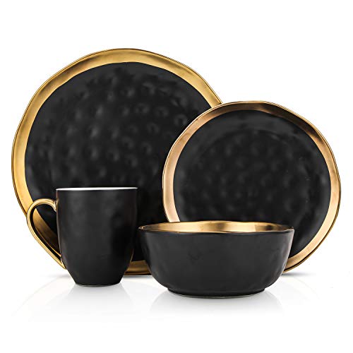 Florian Modern Porcelain Dish Set (32-Pieces Service for 8 / Black with Gold Rim)
