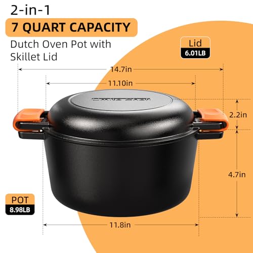 2-in-1 Pre-Seasoned Cast Iron Double Dutch Oven Pot with Skillet Lid & Silicone Sleeves – Raised Rib Skillet Lid– Umite Chef 7QT Cast Iron Skillet Cookware Pan Set wirh Dual Handles – Oven, Grill, Campfire & Stovetop Safe –PFAS-Free (7QT)