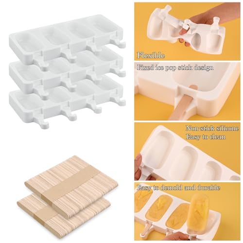3 Pcs 4 Cavity Mini Popsicle Silicone Molds with 100 Wooden Sticks (3 Pcs Mini - White)