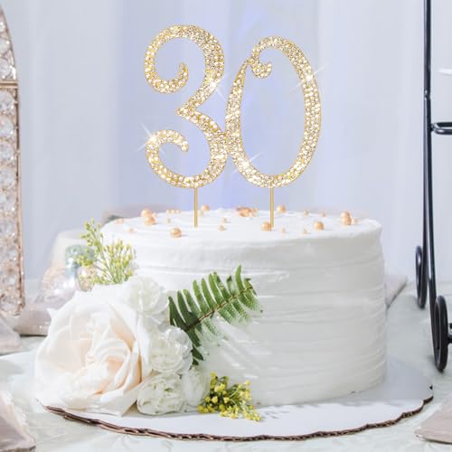 30th Birthday Decorations for Women Rhinestone Gold Cake Topper (30)
