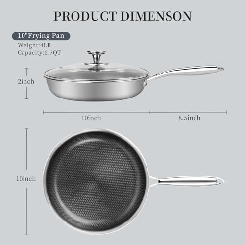 Stainless Steel Frying Pan Nonstick Frying Pan with Lid 10 Inch Honeycomb Stainless Steel Skillet Woks Pan for Gas Electric Induction Ceramic Stoves and Oven (10 Inch With Lid)