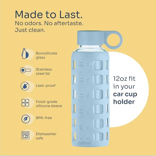40oz / 32oz / 22oz / 12oz Borosilicate Glass Water Bottle with Time & Volume Markers, Silicone Sleeve, Stainless Steel Lid | Reusable Glass Bottle for Water & Juice (12oz Ice Blue) (Ice Blue (1 Count) / 12 Ounces)
