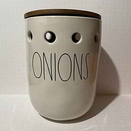 Rae Dunn ONIONS Canister - Ceramic with wood lid - 9 in TALL + 6.5 IN DIAMETER