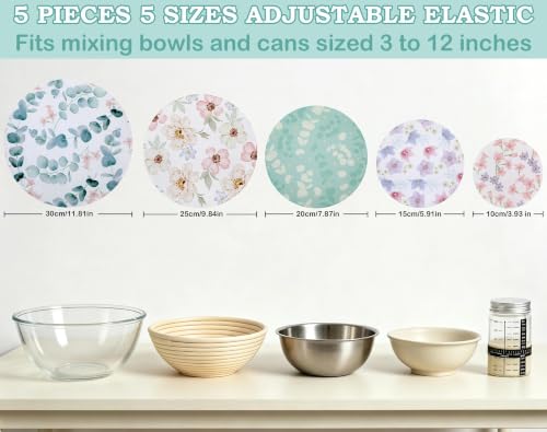 5Pcs Reusable Beeswax Elastic Bowl Covers for Bread Proofing and Food Cover (Eucalyptus Leaves)