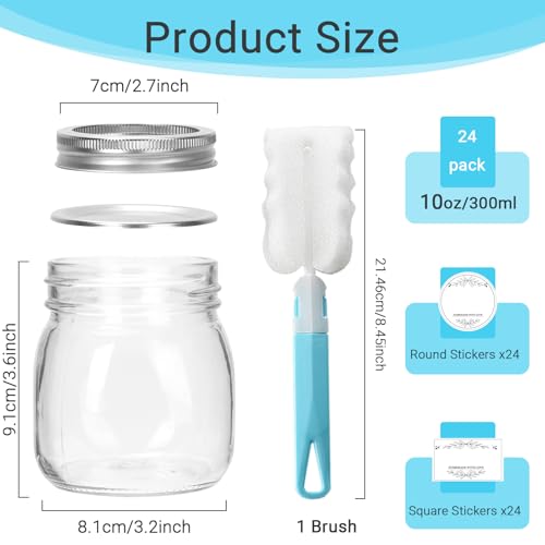 24 Pack 10 oz Clear Glass Mason Jars with Silver Metal Split Lids (10 oz - 24 Pack)