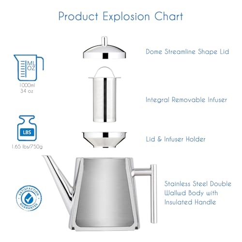 Stainless Steel Double Wall 34 oz Tea Pot with Removable Tea Infuser (34 oz / Chrome)