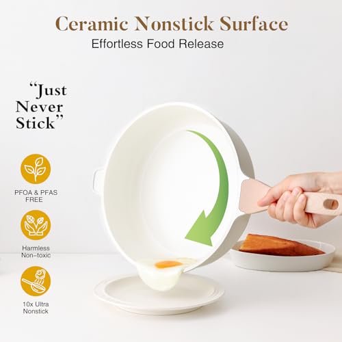 Nonstick Ceramic Deep Frying Pan Skillet with Lid (Cream Ceramic / 12 Inch)