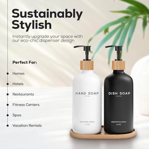 Luxury Glass Hand and Dish Soap Dispenser Set by Brighter Barns (Black White Hd)