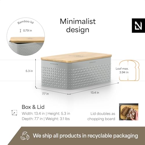 Bread Box I Metal Box for long lasting freshness I Bread Bin with bamboo lid usable as cutting board I 13.4x7.7x5.3In
