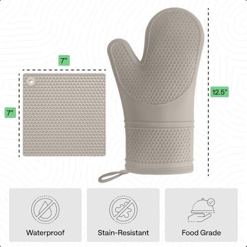 BPA Free Silicone Oven Mitts and Pot Holders Set (Almond / 12.5" Oven Mitts + 7" Trivets)