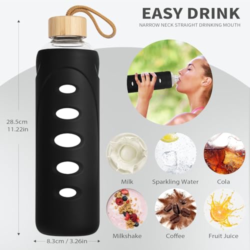 32 oz Narrow Mouth Glass Water Bottle with Windowed Silicone Sleeve (Black)