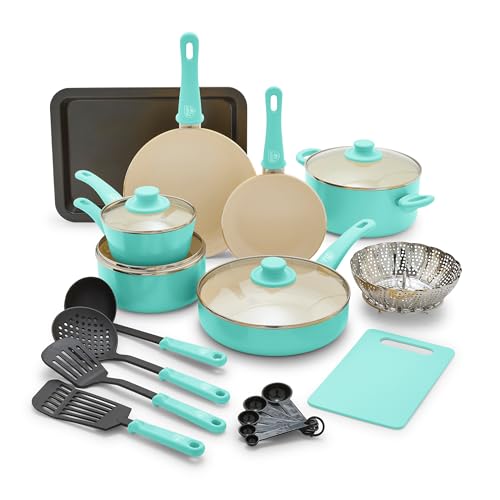 Soft Grip Healthy Ceramic Nonstick 18 Piece Kitchen Cookware Pots and Frying Sauce Saute Pans Set (18 Piece Cookware Set / Turquoise)