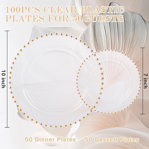 100pcs Clear Plastic Plates with Gold Beads for Bridal Showers (Clear and Gold Plastic Plates / 100PCS)