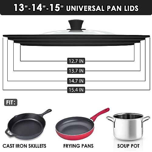 13-14-15 in Universal Pan Lid, Extra Large Silicone Pot Lid for Pots, Pans & Skillets, Replacement Frying Pan Lid with Heat Resistant Silicone Knob, Dishwasher Safe, Black (Black / 13''-14''-15'')