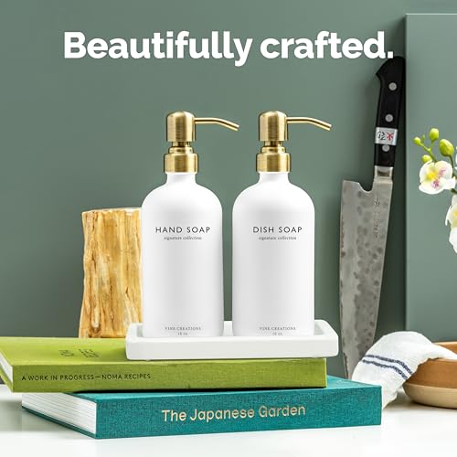 Glass Soap Dispenser Set (White Bottle / Brushed Brass Pump)